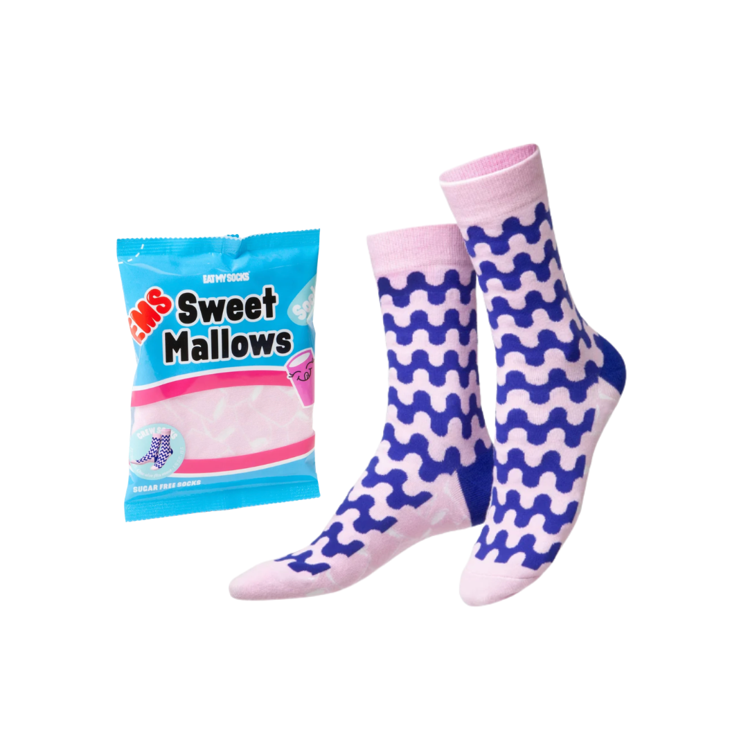 Blau-rosa gemusterte Sweet-Mallows-Socken mit Marshmallow-Verpackung