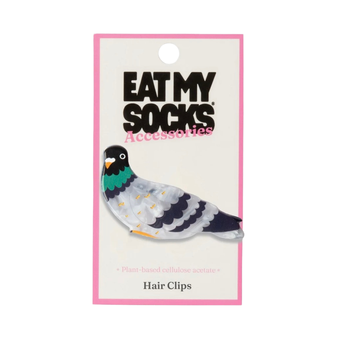 Tauben-Motiv-Haarspange von Eat My Socks in Verpackung