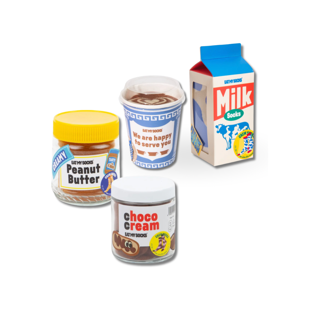 Eat My Socks Socken in vier Lebensmittel-Verpackungen: Choco Cream, Peanut Butter, Milk und Kaffee