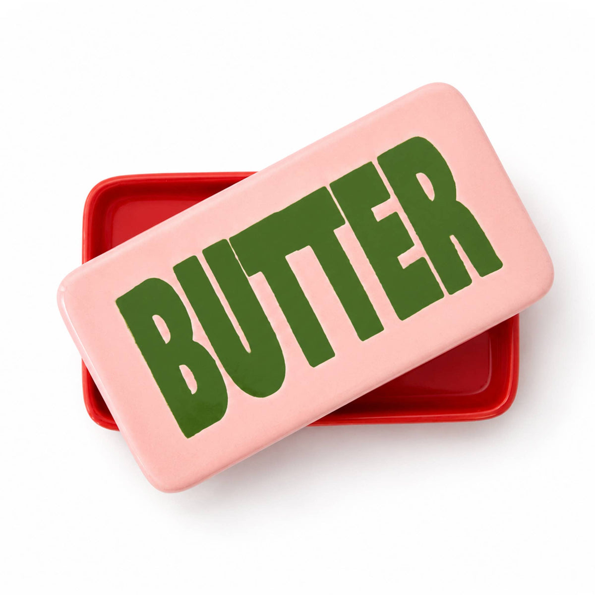 Rosa Butterdose mit grünem Schriftzug „BUTTER“ und roter Ablage