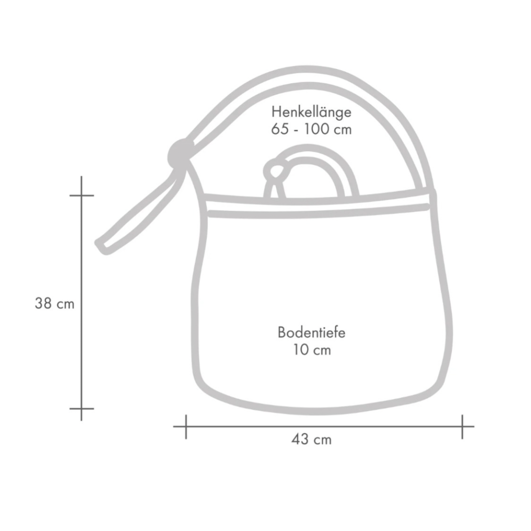 Maßzeichnung der Lukkily Tote Bag mit 43 × 38 × 10 cm und verstellbarem Henkel