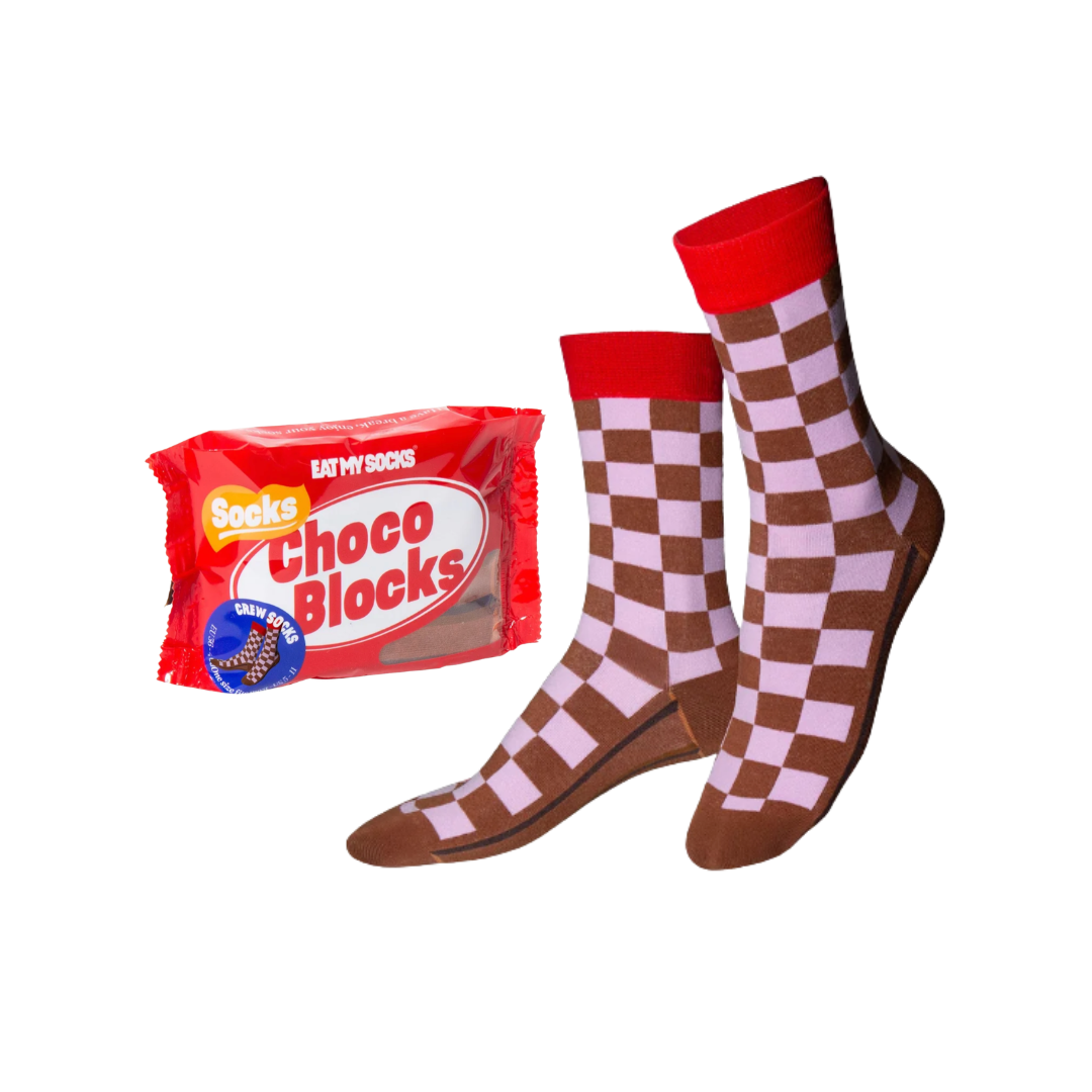 Braun-rosa karierte Choco-Blocks-Socken mit Schokoladen-Verpackung