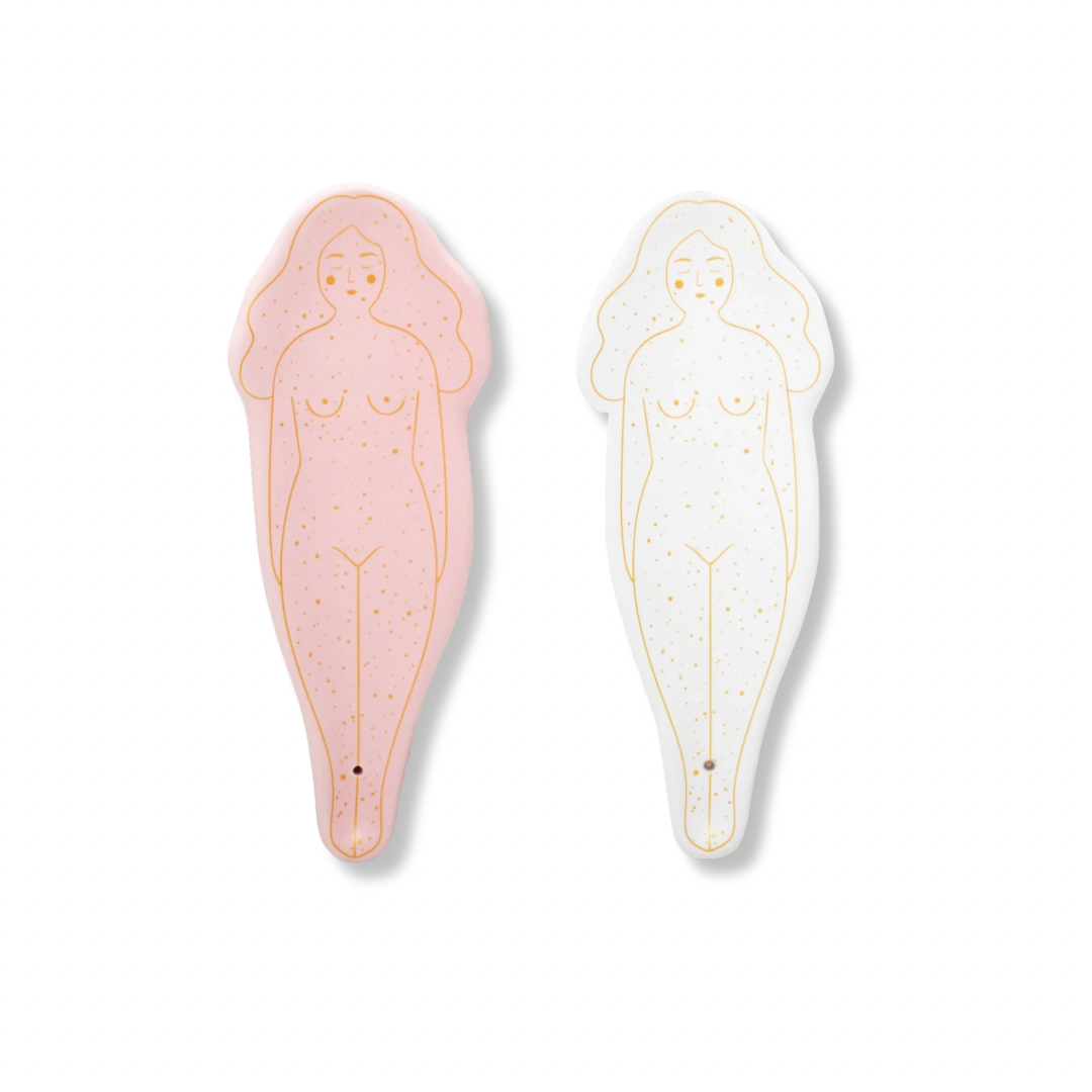 Räucherstäbchenhalter von Helio Ferretti mit Frauenkörper-Motiv in Rosa und Weiß