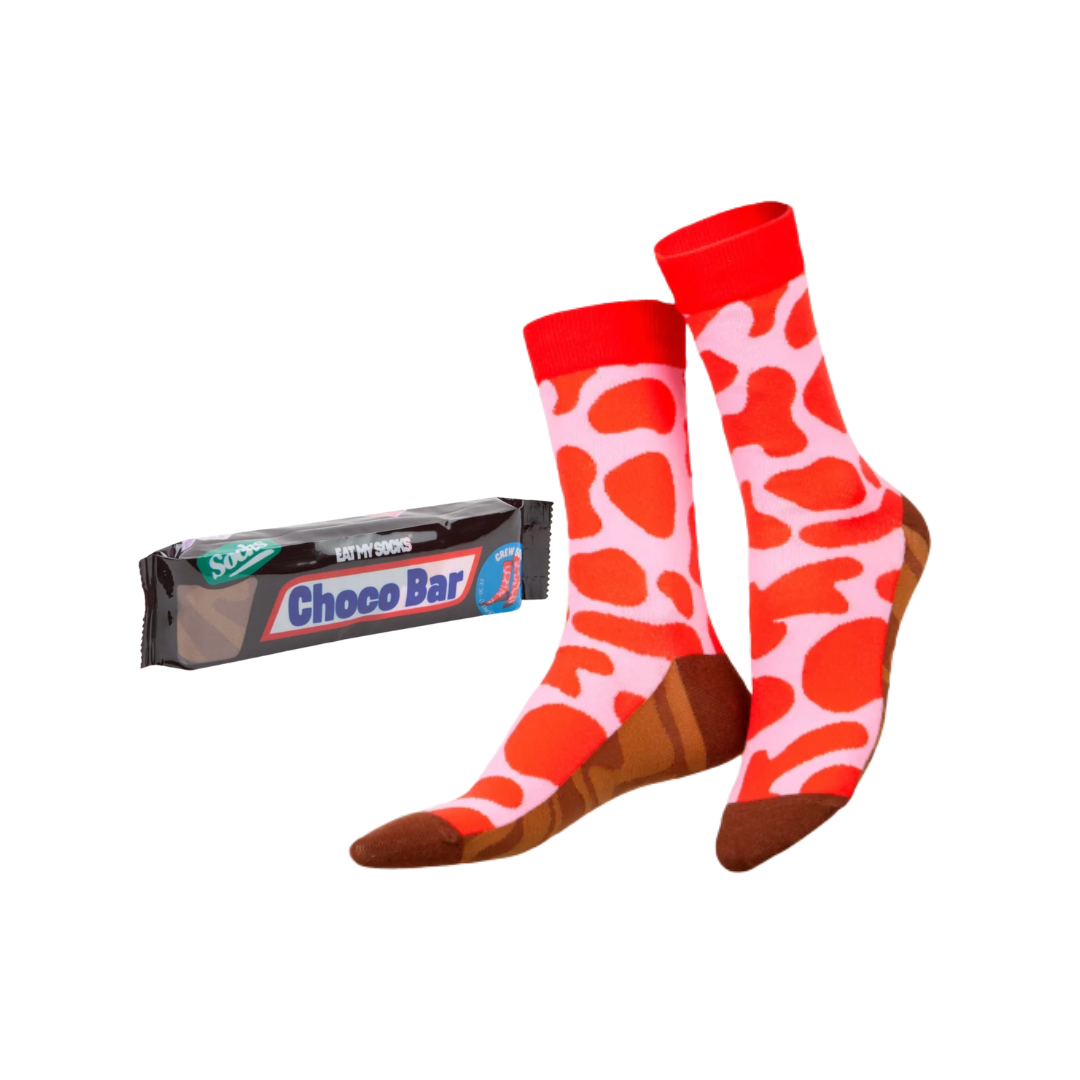 Rot-rosa Choco-Bar-Socken mit Schokoriegel-Verpackung