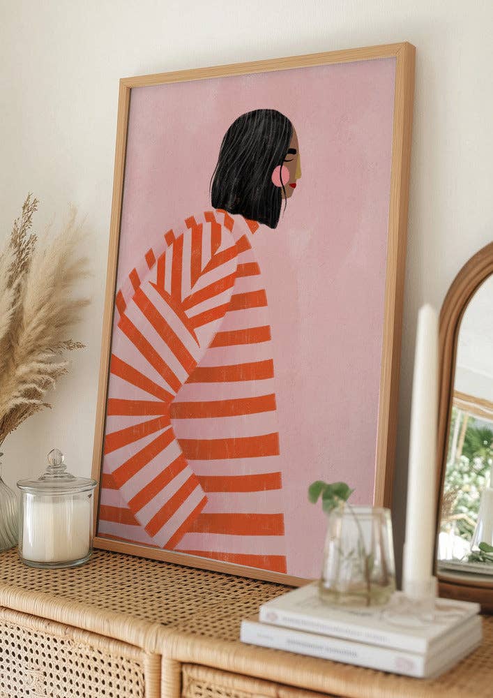 Kunstdruck - Frau im orange gestreiften Mantel