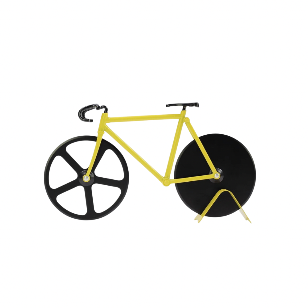 Gelber Fixie-Pizzaschneider von DOIY Design mit zwei Schneidrädern und Ständer