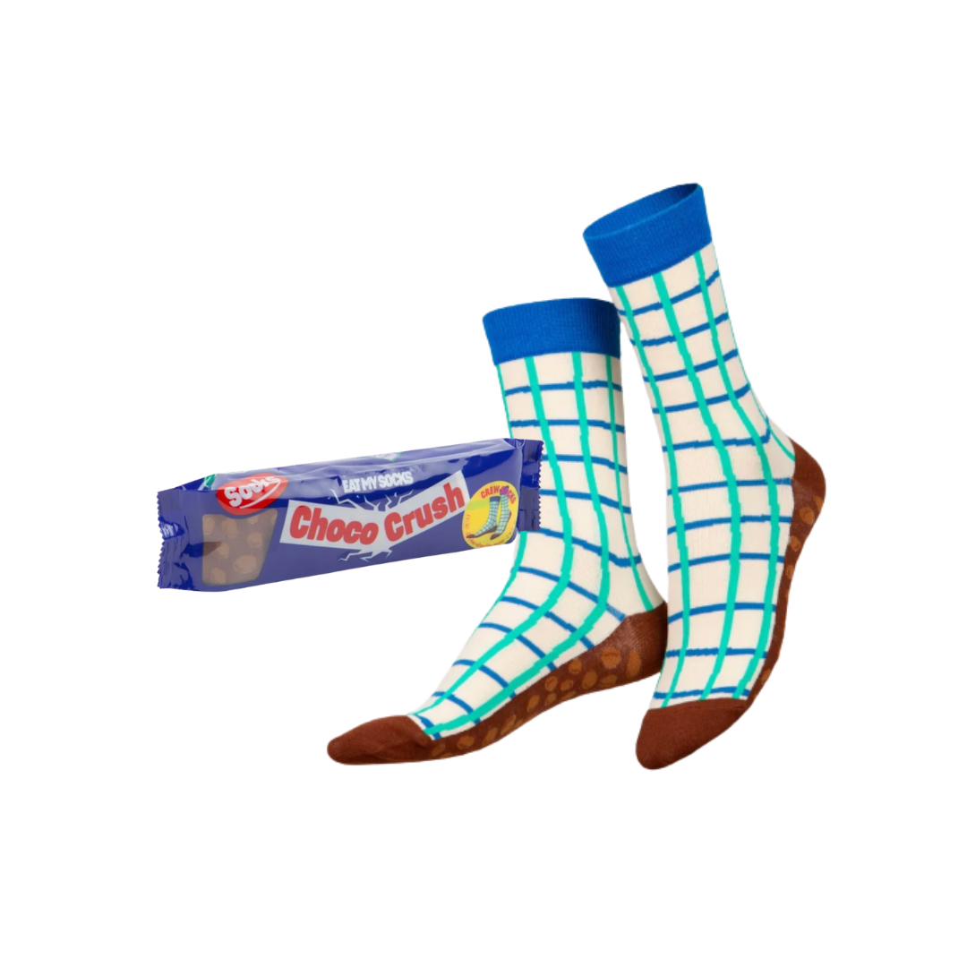 Blau karierte Choco-Crush-Socken mit Schokoladen-Verpackung
