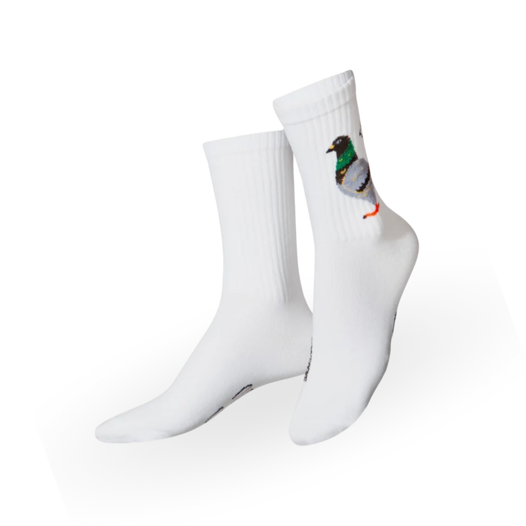Weiße Eat My Socks Socken mit Taubenmotiv