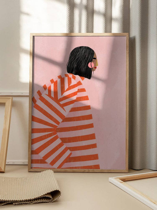 Kunstdruck - Frau im orange gestreiften Mantel