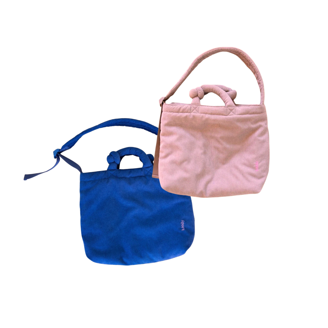 Lukkily Tote Bag Cord in Blau und Rosa mit Knotengriff und Schultergurt