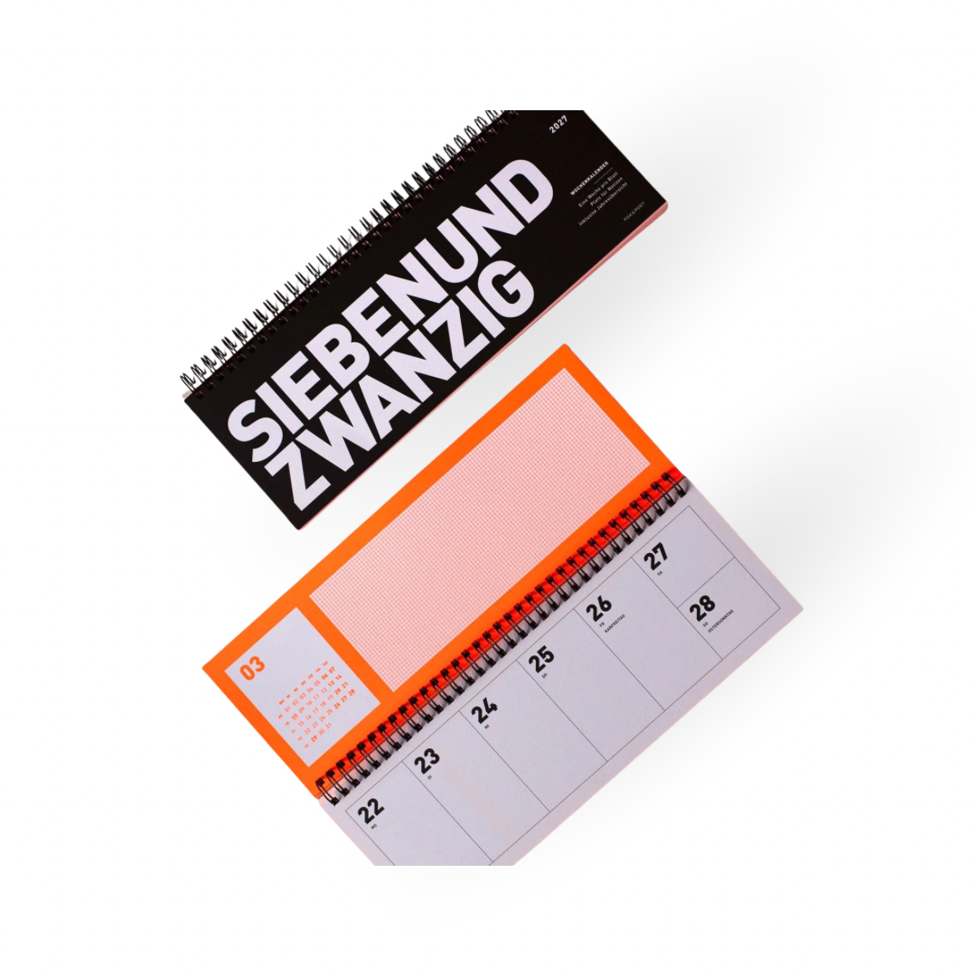 Tischkalender 2027 von FOX & POET mit Wochenübersicht in Neonorange