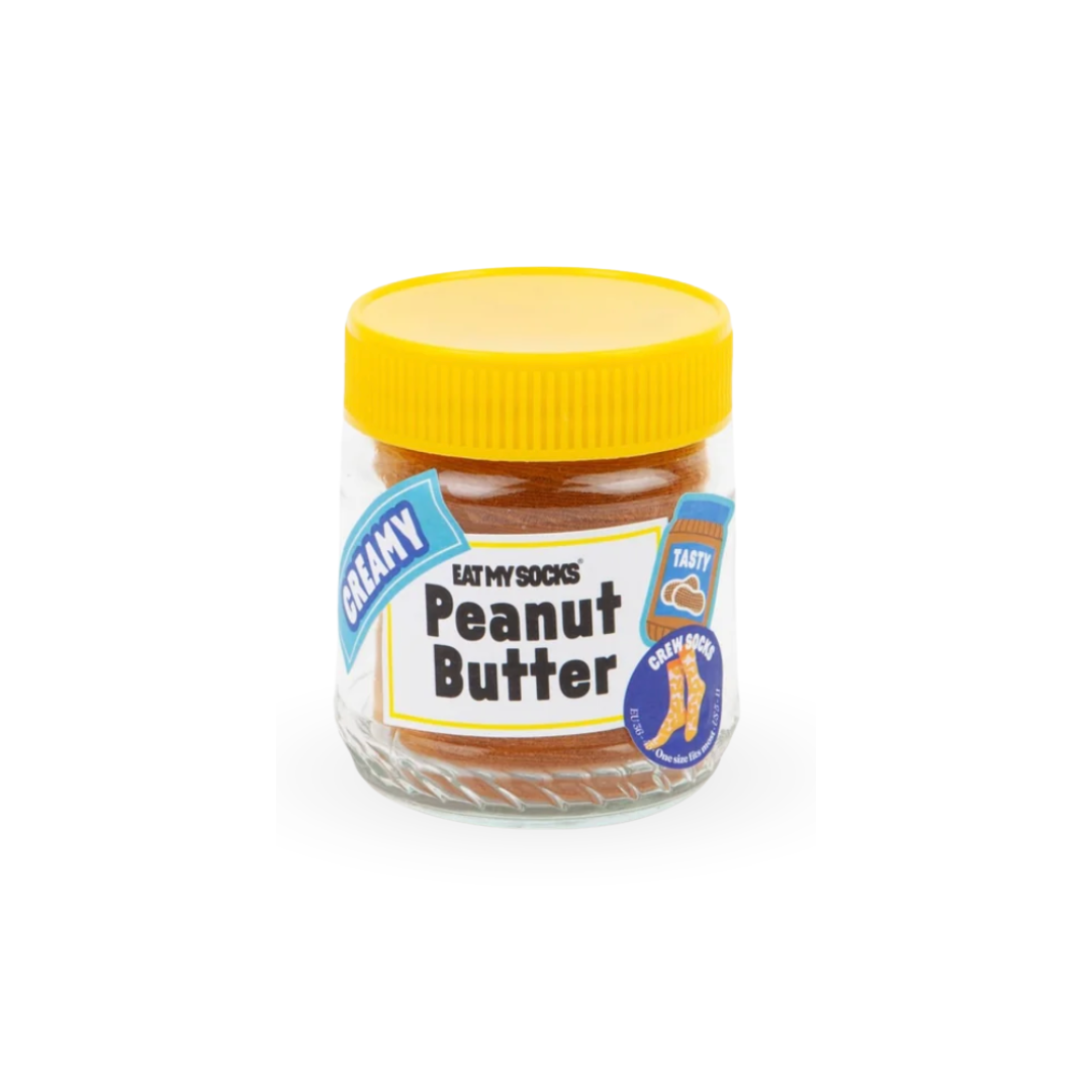 Peanut-Butter-Socken von Eat My Socks in einer Erdnussbutter-Verpackung