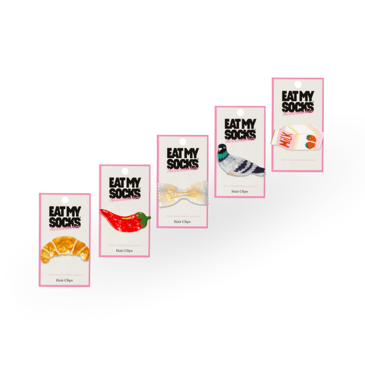 Haarspangen von Eat My Socks mit verschiedenen Food-Motiven in Verpackung