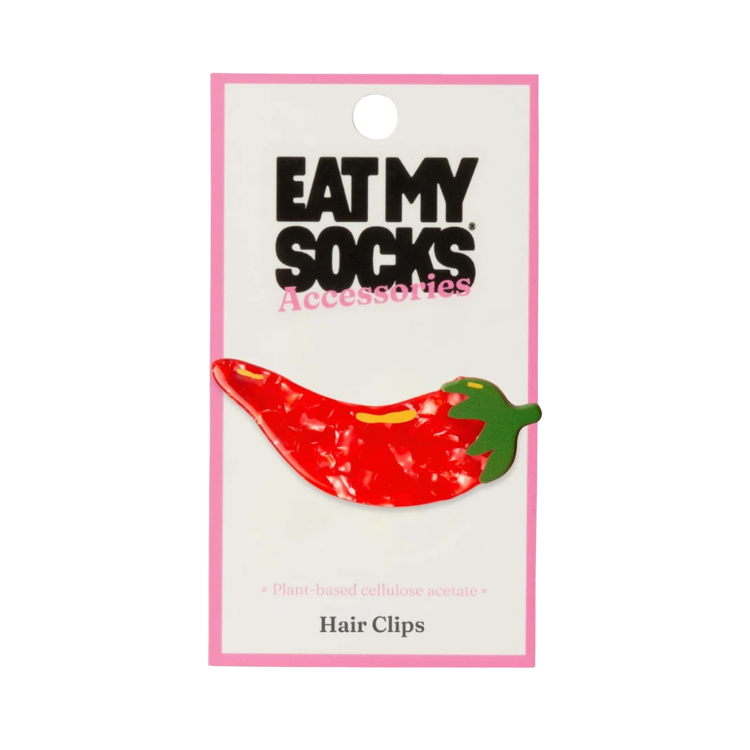 Rote-Grüne Chili-Haarspange von Eat My Socks in Verpackung