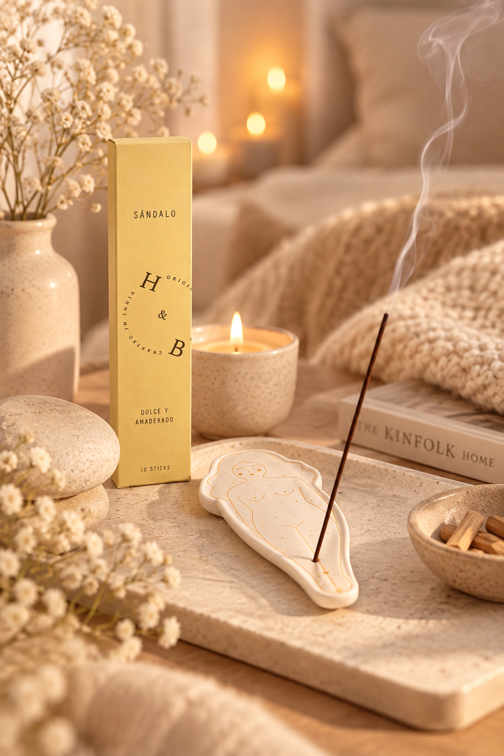 Brennendes Sandelholz-Räucherstäbchen von H&B Incense in einem Keramikhalter