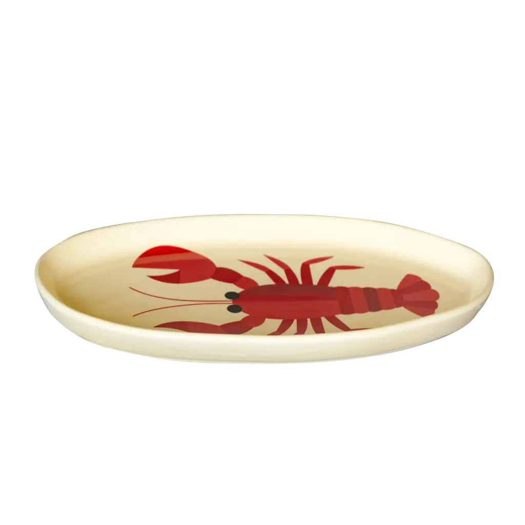 Ovale Kitsch Kitchen Servierplatte mit Hummermotiv in der Seitenansicht