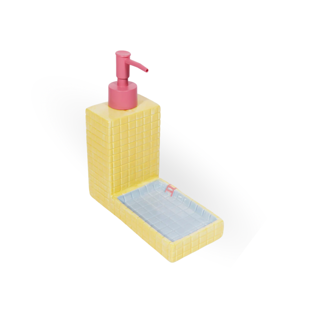Seifenspender in Poolform aus Keramik von L’Expressionist in Gelb, Blau und Rosa
