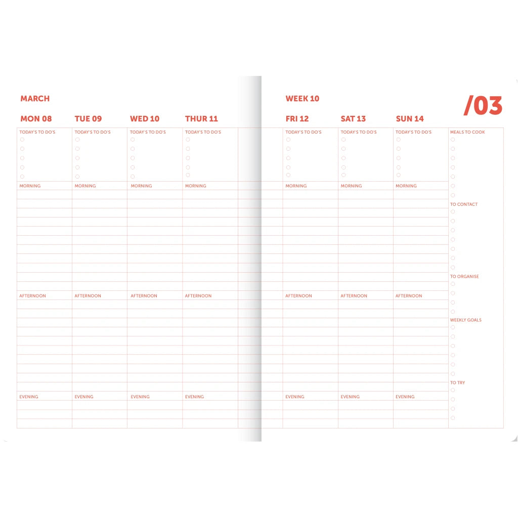 Geöffneter A-Journal Organiser 2027 mit übersichtlicher Wochenplanung