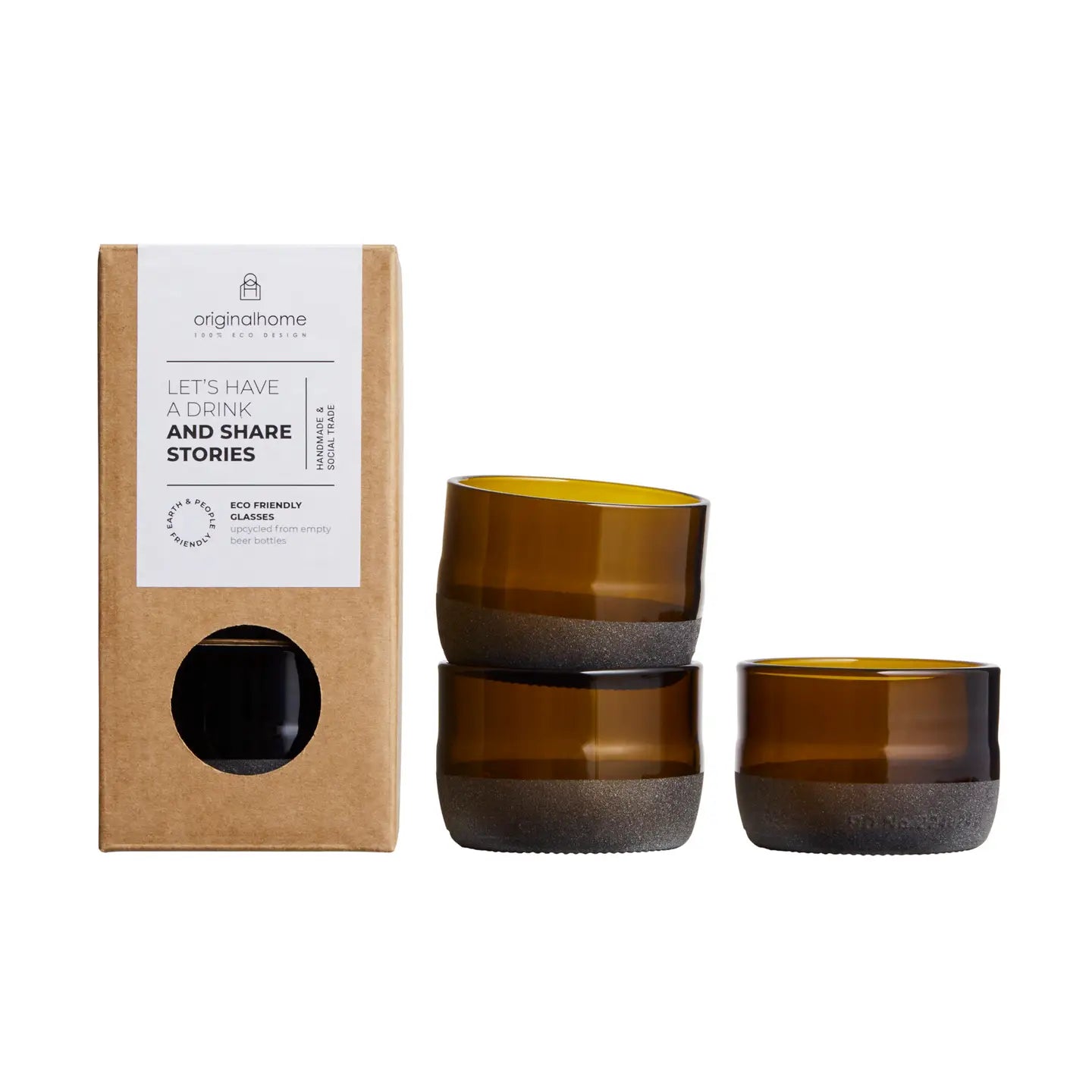 Braunes Upcycling-Gläserset von Originalhome mit Verpackung